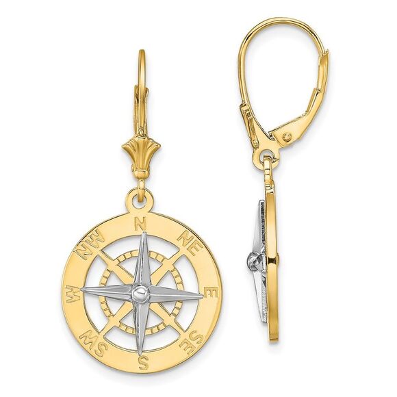 Kazi Luxury 14k Yellow Gold W/ Rhodium Nautical Compass Leverback Earrings